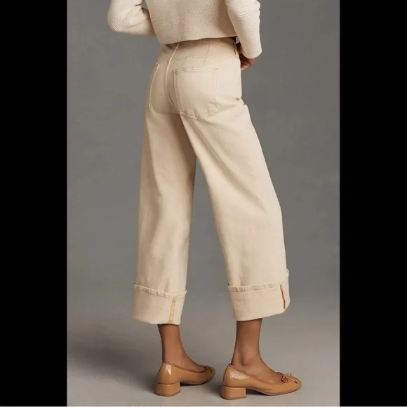 Anthropologie Pilcro Cuffed Crop High-Rise Wide-Leg Jeans Size 33 P Cream - Picture 3 of 15